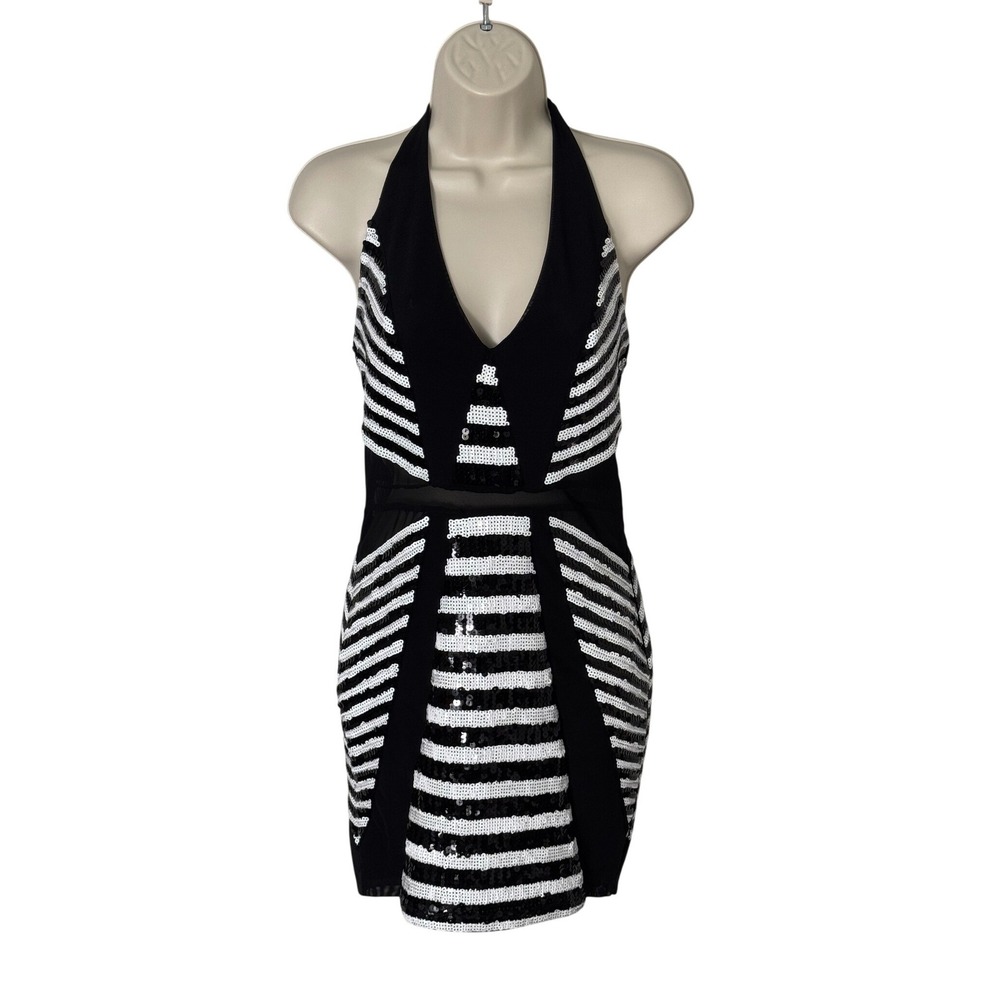 2B Bebe Black White Sequin Striped Halter Mini Dress Size S Cocktail Party